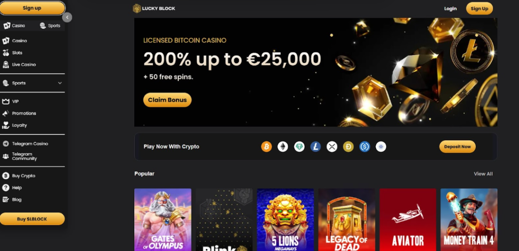 lucky block homepage with welcome bonus